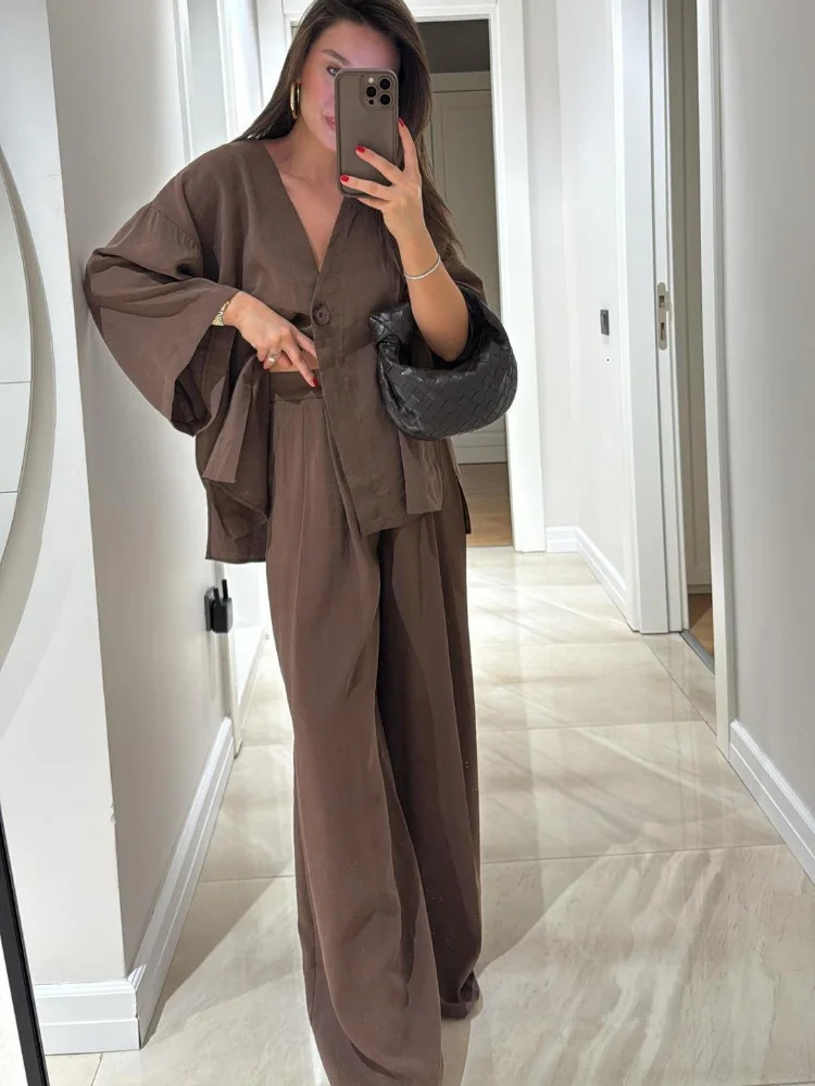 Brown Cotton Linen Loose Pants Set Womens Oversized V- Neck Buttons Shirts Suit Lady Summer Casual Daily Street Outfits 2025 250715