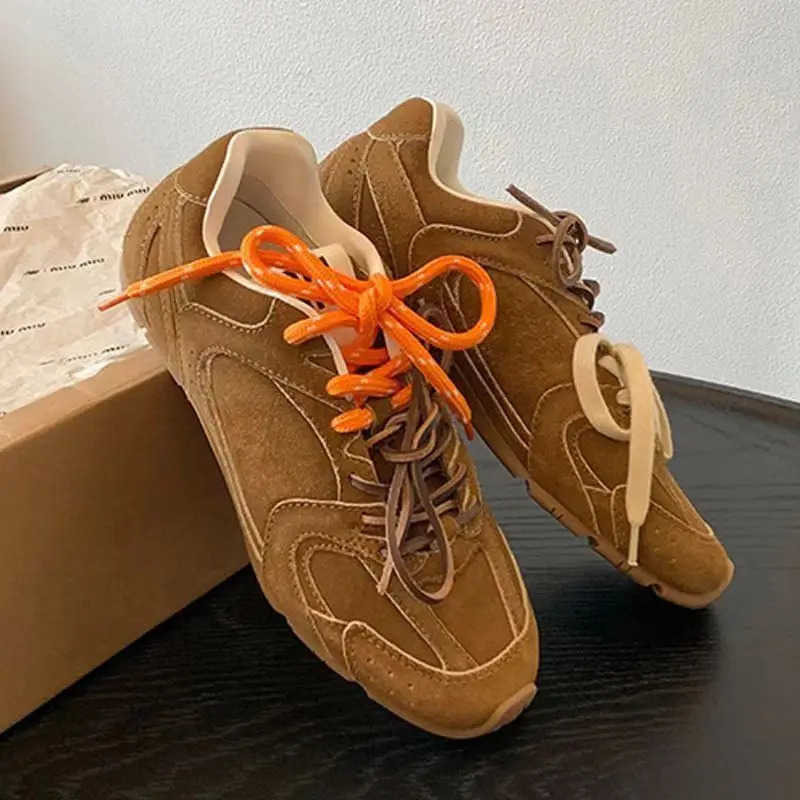 Spring New Genuine Leather Retro German Training Shoes for Women Contrast Flat Casual Shoes for Women M250716