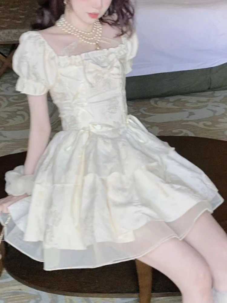 Summer New French Sweet Fairy One Piece Dress College Style Square Neck Bow A-Line Short Dress Women Elegant Party Clothes R250716
