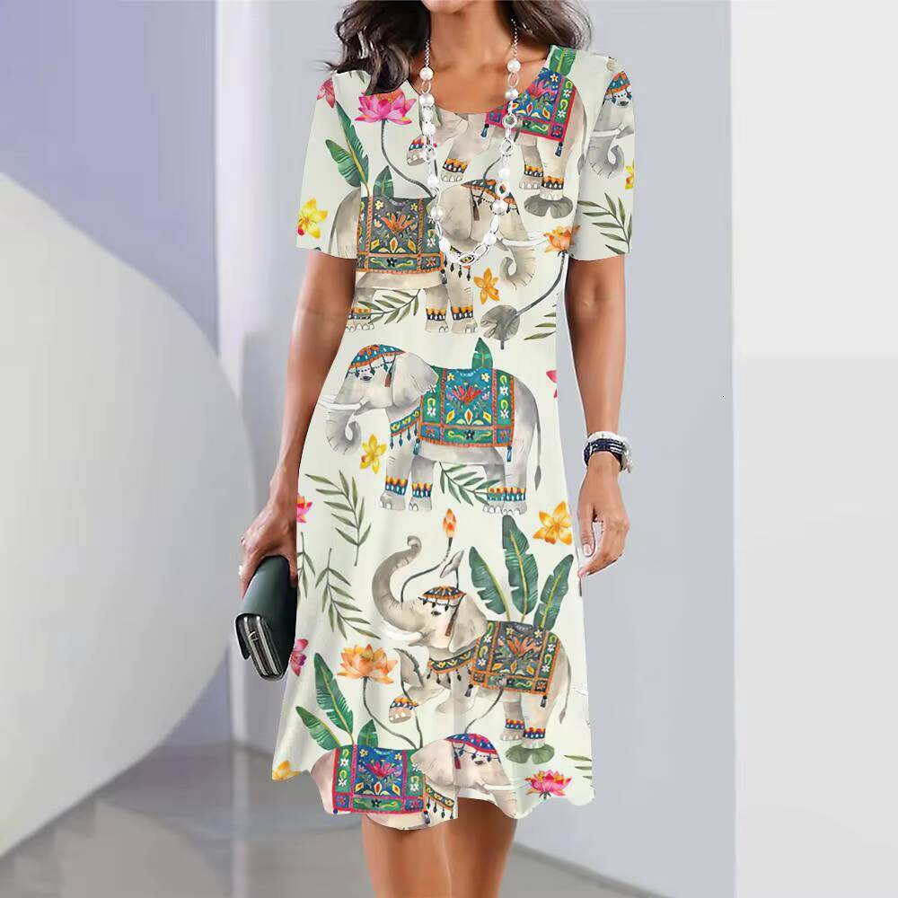 2024 New Elephant Print For Womens Elegant Midi Dresses Summer Female Short Sleeve Dress Fashion Oversized Clothes dongdumaoyi