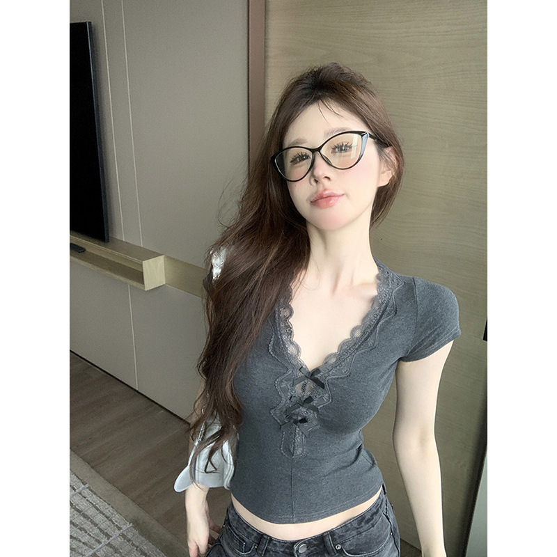 Summer New Women S T Shirt Bowknot Gray V Neck Short Sleeve T Shirt Women S Summer Slim Fit Lace Patchwork Niche Short Top New Designer T Shirt