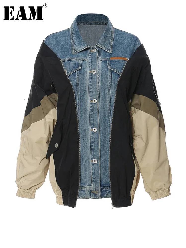 Loose Fit Blue Denim Color-Block Big Size Jacket New Lapel Long Sleeve Women Coat Fashion Tide Spring Autumn 2025 1Df1519