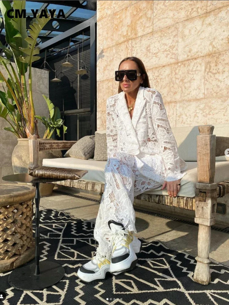 CM.YAYA Vintage Women Lace See Though Long Sleeve Blazer Suit and Wide Leg Straight Pants Set Two 2 Piece Set Outfits 250715
