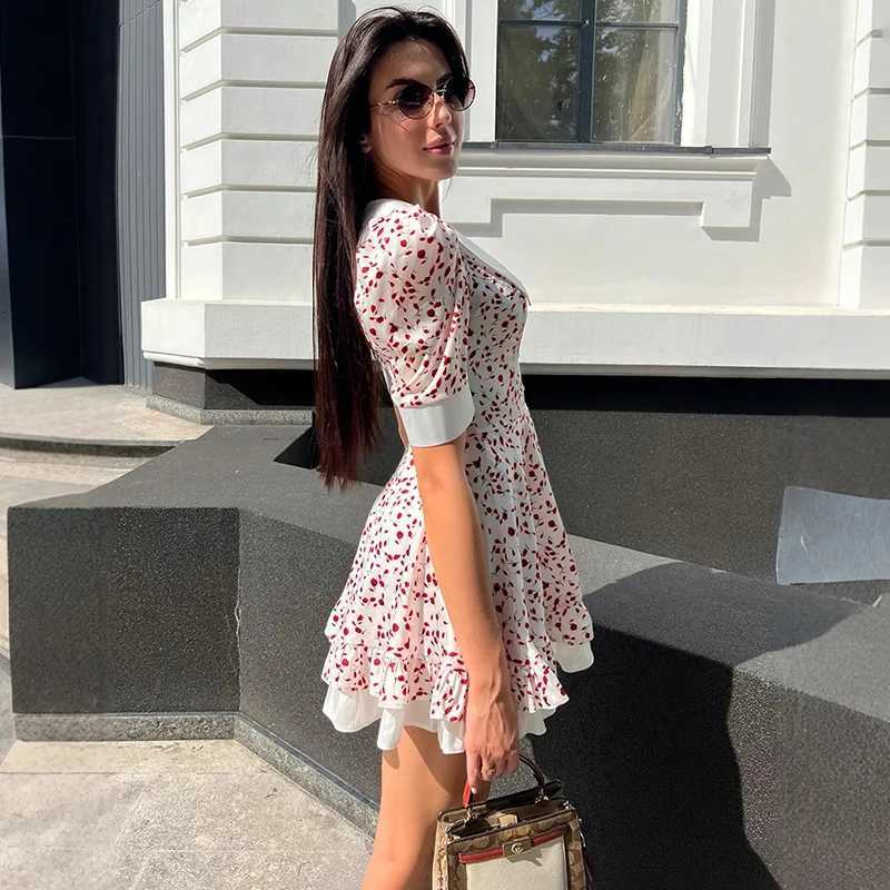 Talenza V Neck Print Dress Womens Lapel Puff Sleeve Single Breasted High Waist Dress Female Summer Fashion Contrast Slim Dress R250716