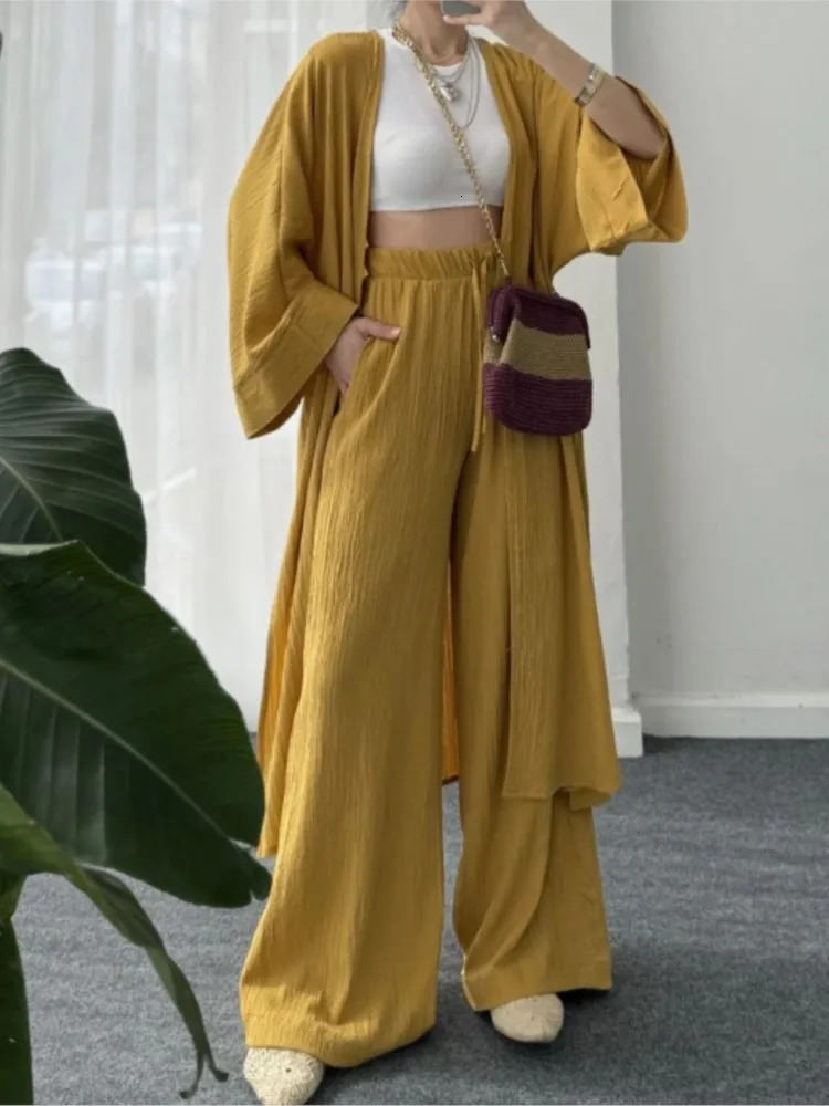 Solid Color Folds Pants Sets Women Loose Long Cardigan Wide Legs Trousers Two Piece Set Fashion Casual Lady Commuting Suits 250715
