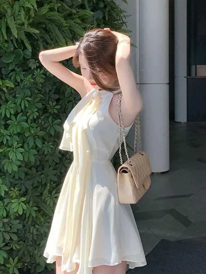 French Celebrity Irregular Chiffon Hanging Neck Dress Women Ruffled Edges Patchwork Ribbon Sleeveless Solid Summer Princess Wear R250716
