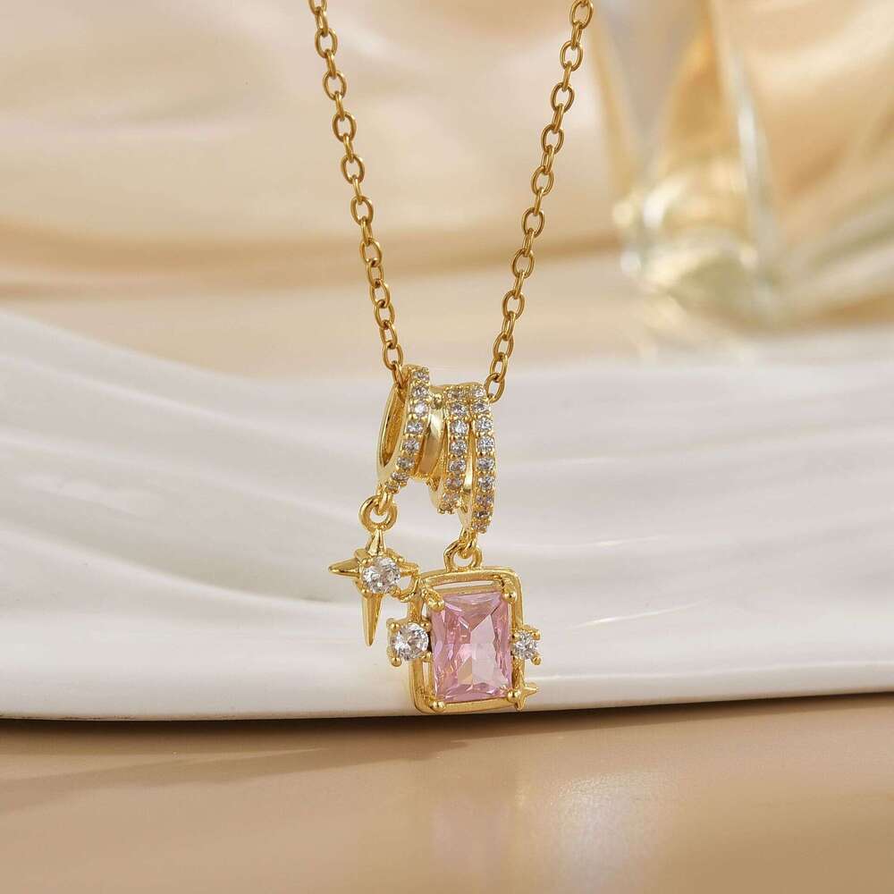 Korean Style Sweet Star Zircon Niche Design Sugar Cube Titanium Steel Necklace For Women Fashionable Temperament Collarbone Chain 5Bc