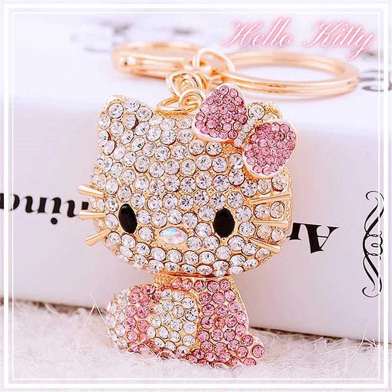 Sanrio Hello Kitty Jewelry Rhinestone Crystal 6 Colors Kitty Cat Shape Pendant Keychain Car Handbag Key Holder Party Kid Birthday Gifts w250716