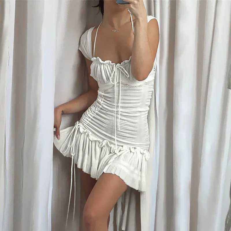 2025 Vestidos WhereMery Casual Square-neck Mini Dress Y2K Sexy Womens Sleeveless Ruffles Bow Trim Bodycon Sundresses Summer R250716