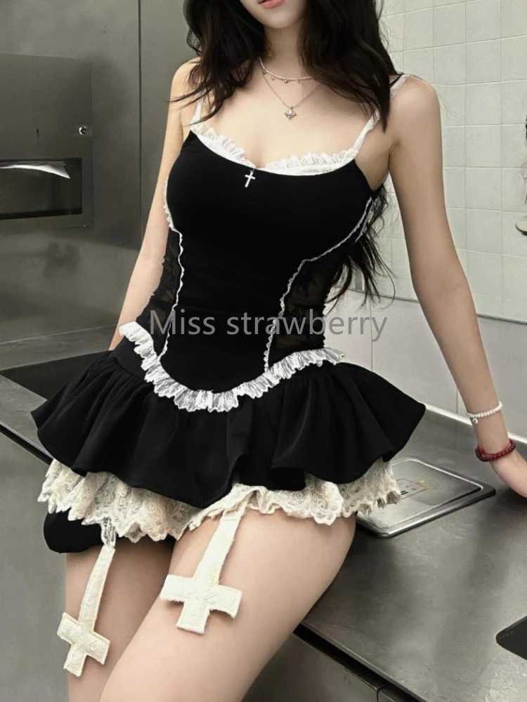 Summer Subculture Lace Patchwork Suit Women High Street Y2k Off-shoulder Tops Gothic Retro Short Thin Skirt Set Outfits R250716