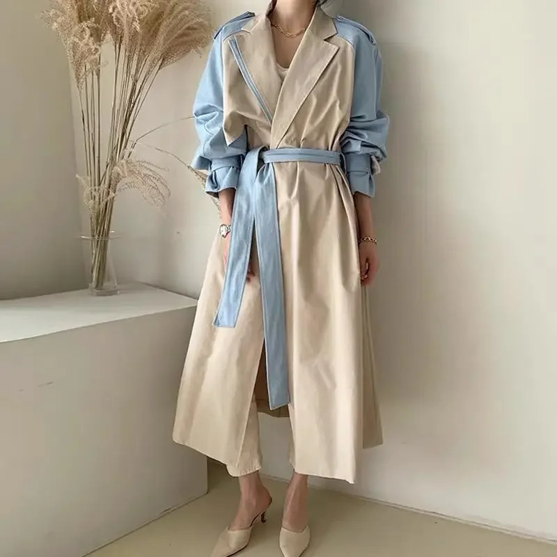 ChicAutumn Korean-Style Long Jacket For Women With Sensibility Blocking Color Waist-Fitted Vintage Lapel 250715