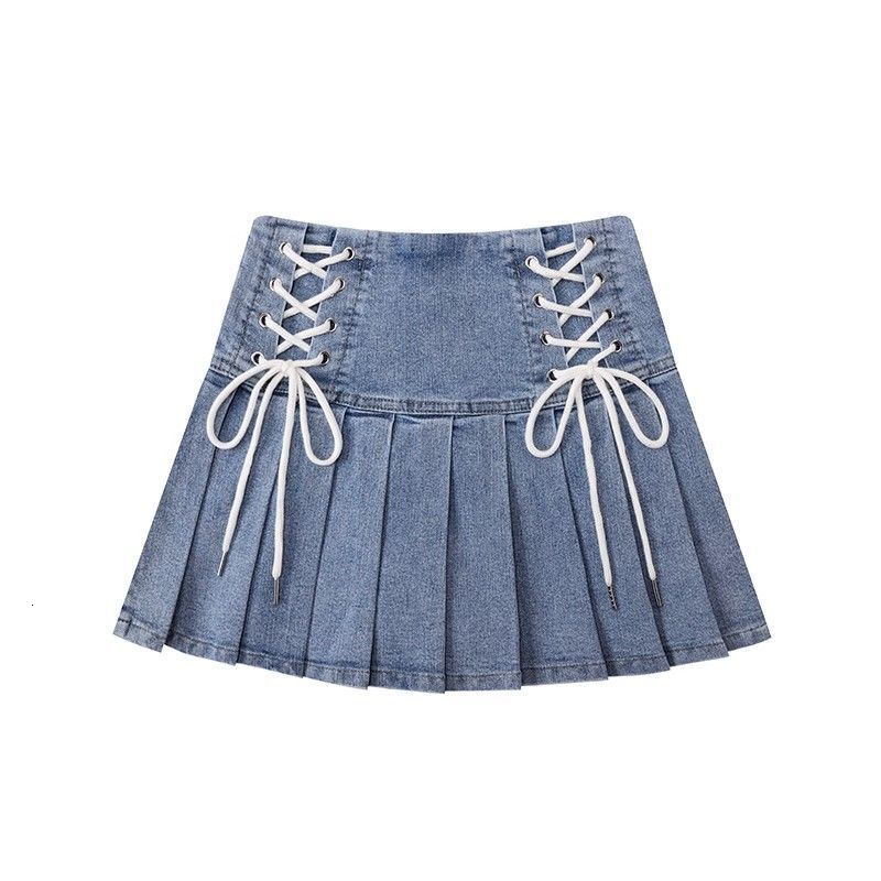 2025 New Hot Girl Stretch Denim Pleated Skirt Women Korean Version Cross Strap Short Fashion Versatile Half