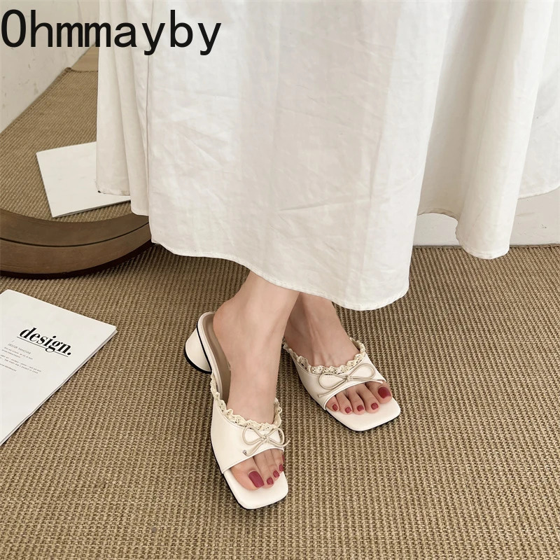 Summer Butterfly-knot Square Toe Women Slippers Elegant Thick Heel Slide Ladies Concise Beach Dress Sandalias 250712
