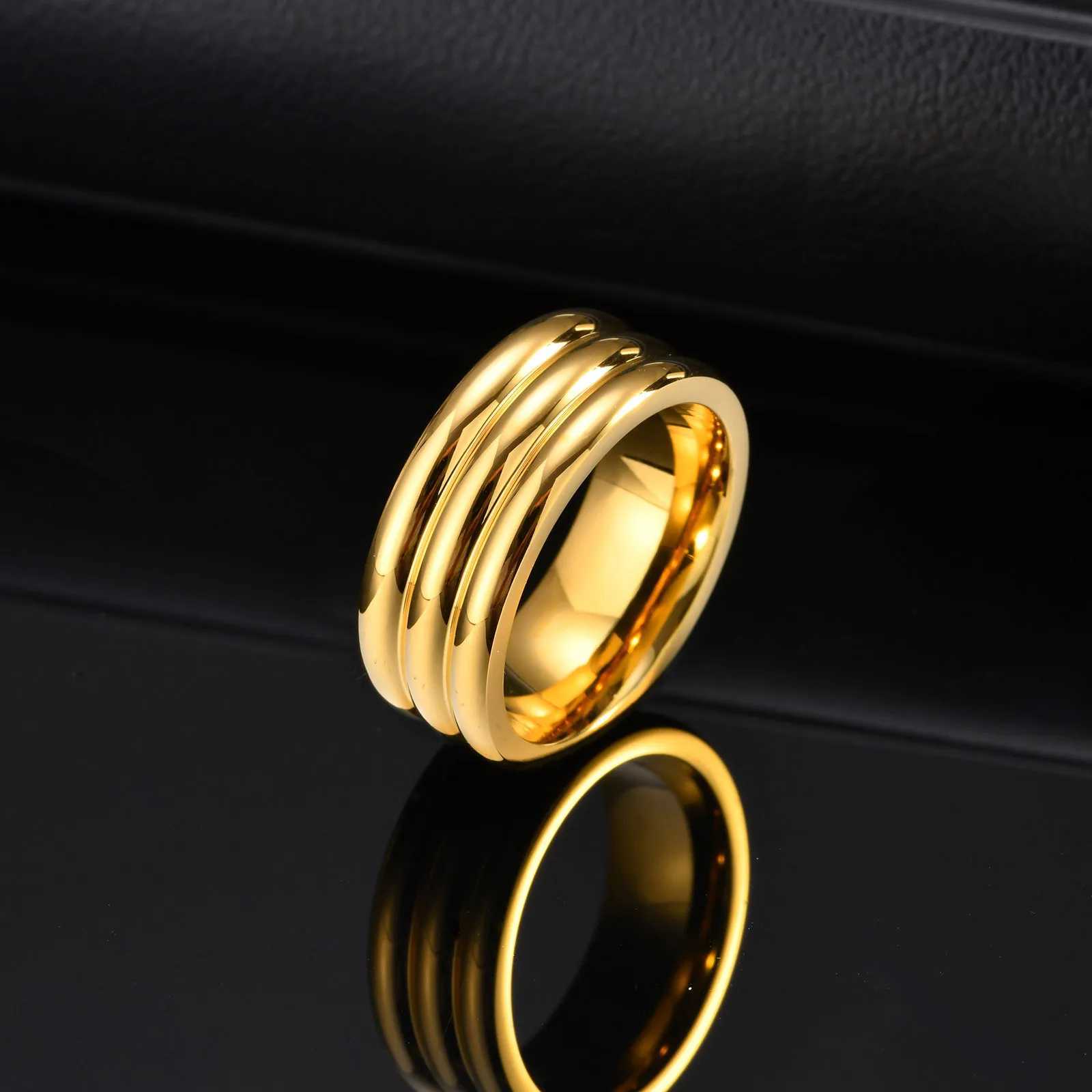 Vnox Three-layer Rectangular White Zircon Golden Ring Stainless Steel Engagement Rings for Men Women Thick Band Anniversary Gift S250716