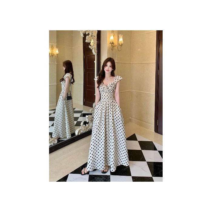 2025 Plus Size Fat mm2025 Summer Women's New Style High-end Polka Dot Dress Pleated Waist Slimming Elegant Long