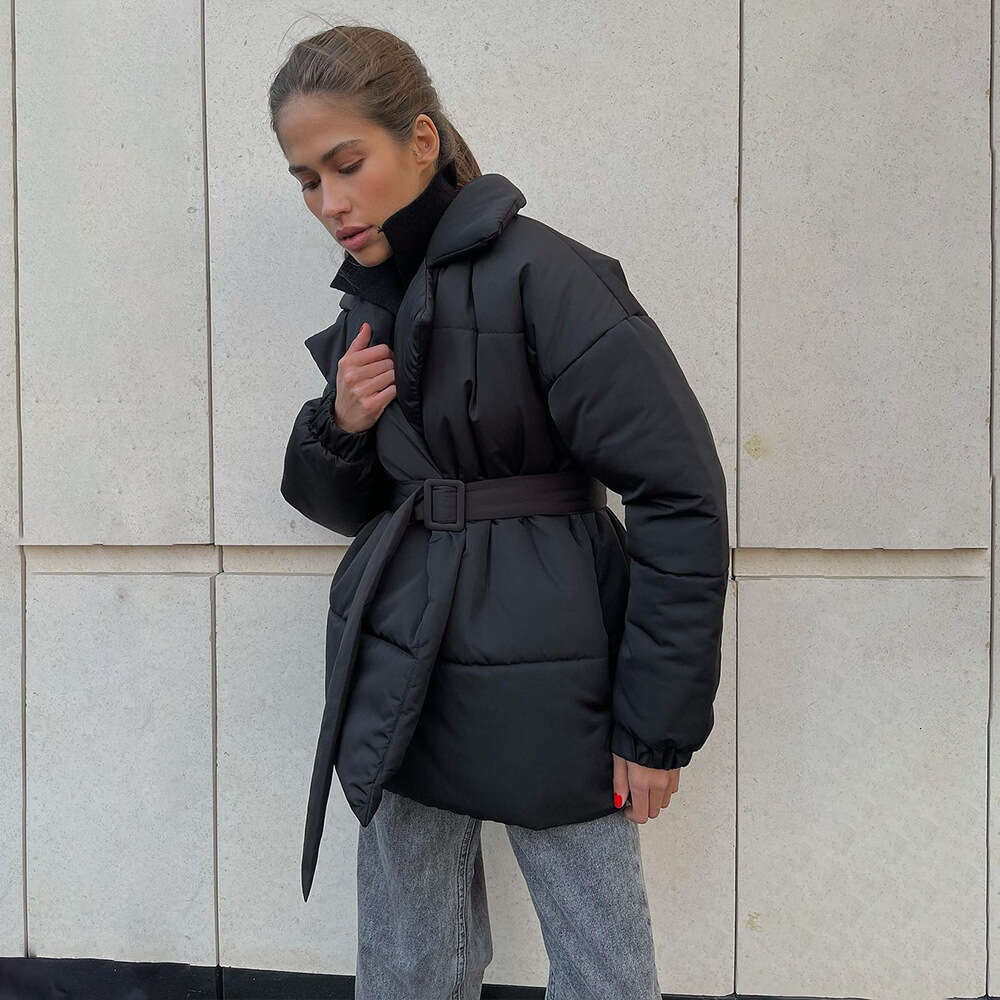 Winter New Thickened Slimming Waist Jacket With Belt Solid Color Cotton Coat B5