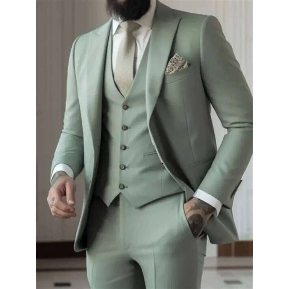 3 Piece Sage Green Men's Slim Fit Suits (Jacket+Vest+Pant) Wedding Groom Tuxedos Prom Formal Male Party Blazers Tre Hombre