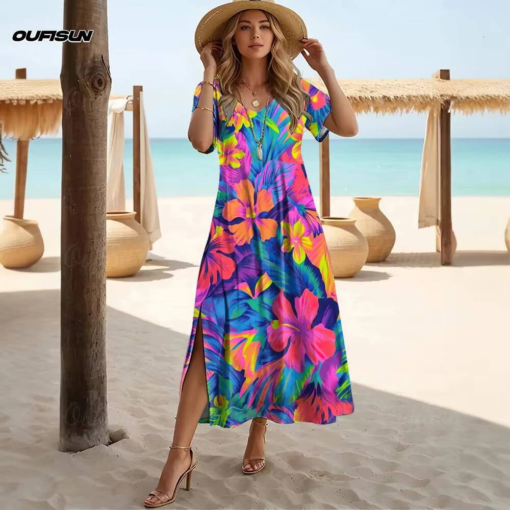 Summer Womens V-neck A-line Hawaiian Dresses Short Sleeve Long T-Shirt Floral Pattern Tropical Print 2025 New Clothing dongdumaoyi