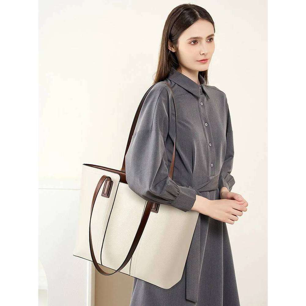 Zency Genuine Leather Women's Work Tote Handbag Classic Elegant Beige Large Capacity Shopper Bag Pocket Black Purse For A4
