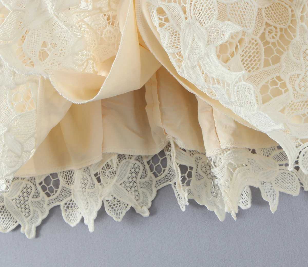 2025 Sexy Black Embroidery Hollow Out Lace Bow V Neck Sling Mini Dress Women Low Waist Pleated Swing Dresses Party Beige Robe R250716