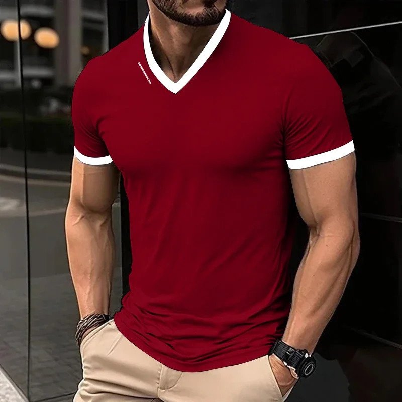Mens Casual and Fashionable Solid Color V-neck Short Sleeved T-shirt with Letter Print Summer Versatile and Comfortable Top 250715