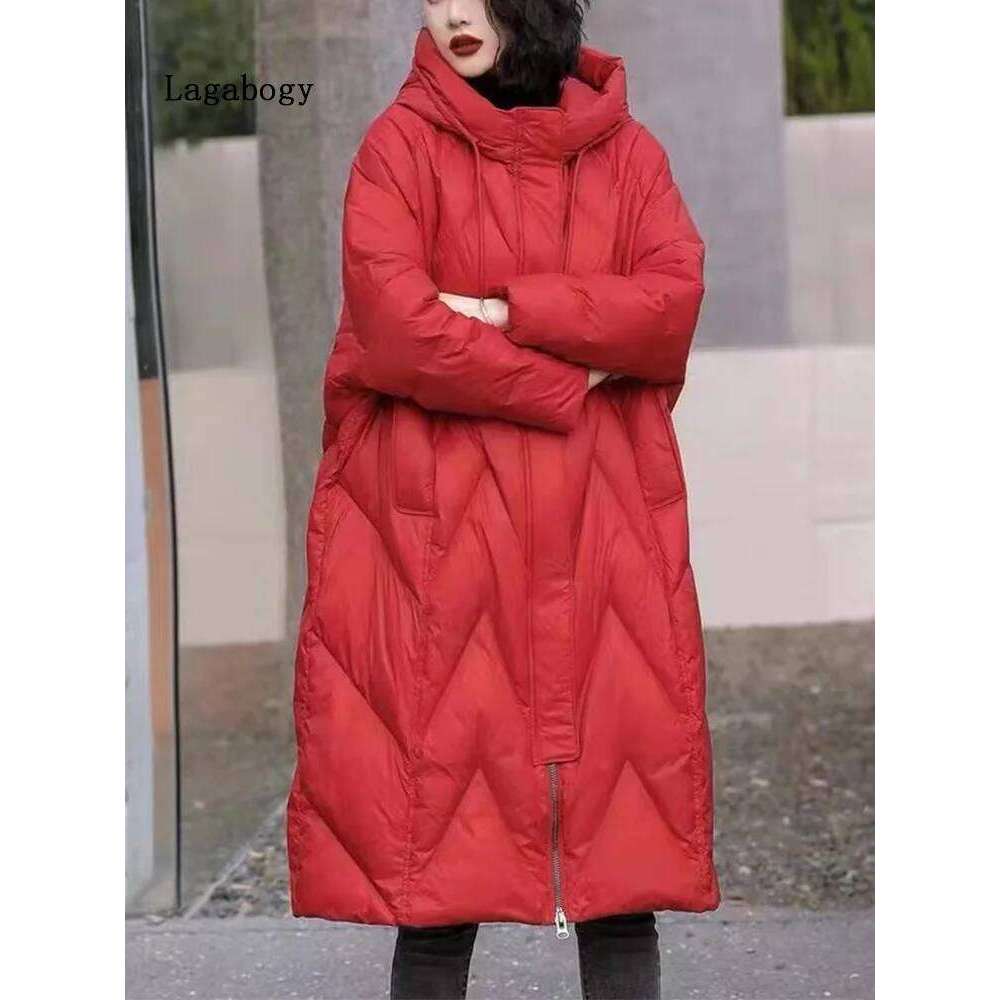 Lagabogy 2025 New Women 90% White Duck Down Long Jacket With Hooded Casual Loose Thick Parkas Female Winter Warm Windproof Coat