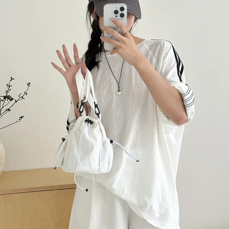 Summer Drawstring Bucket Bags Nylon Canvas Shoulder Crossbody Bags For Women Travel Shopper Handbags Lightweight Small Bags 250714
