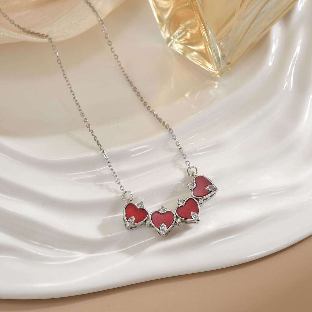 Necklace For Women Red Mother-Of-Pearl Four-Leaf Zircon Live Multi-Way Wear Heart Collarbone Chain Korean Style Internet Celebrity Jewelry D14