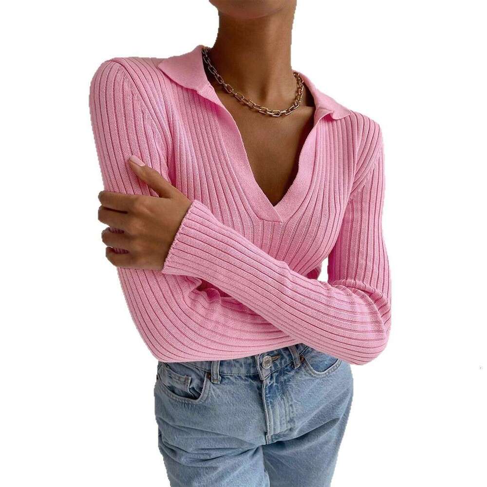 POLO Collar Knitted Autumn Winter Elegant Commuter Slim Fit Ribbed Base Pullover Sweater For Women B5