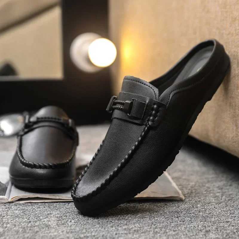 Leather Men Half Slippers Summer Breathable Mens Casual Shoes Slip-on Lazy Driving Shoes Comfortable Walking Loafers Moccasins W250716
