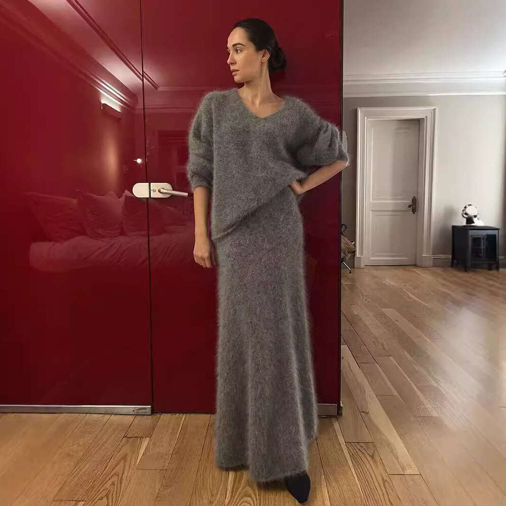 Faux Mink Knit Autumn Winter New Lazy V-Neck Sweater Fishtail Skirt Set B5