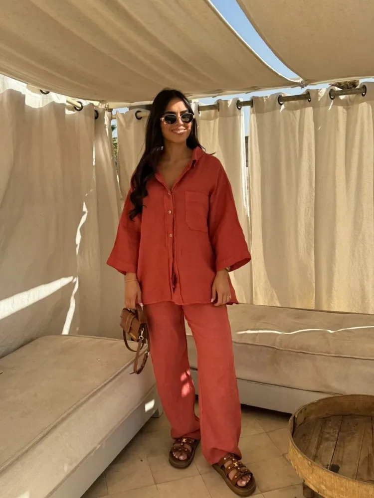 Summer Cotton Linen Lady Home Suits Casual Women Trousers Sets Lapel Single Breasted Long Sleeve Loose Top Wide Leg Pant Set 250715