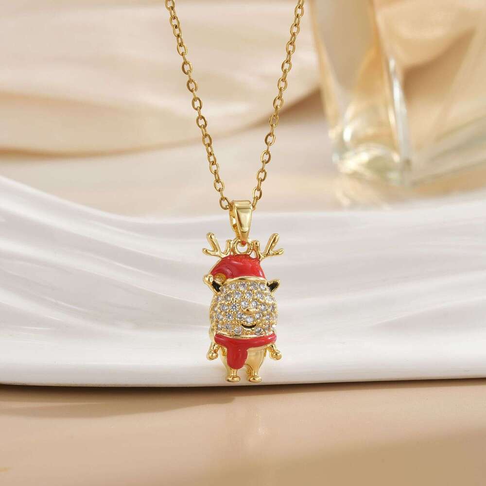 For Women New Copper Inlaid Zirconium Plated Real Gold Christmas Reindeer Antler Design Snowman Necklace Jewelry Ca7