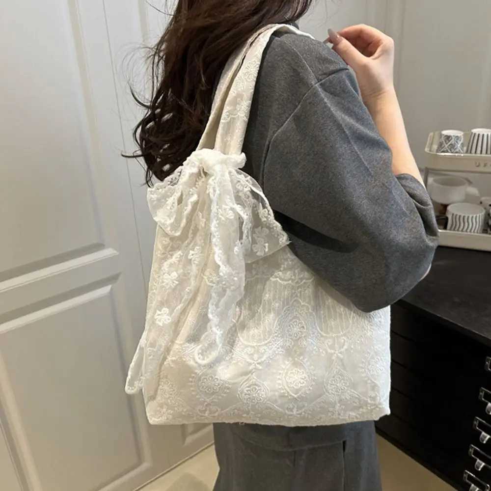 Shopping Tote Bag Lace Shoulder Bag With Ribbon Korean Style Simple Canvas Handbag Cloth Simple Large Capacity Bag Daily