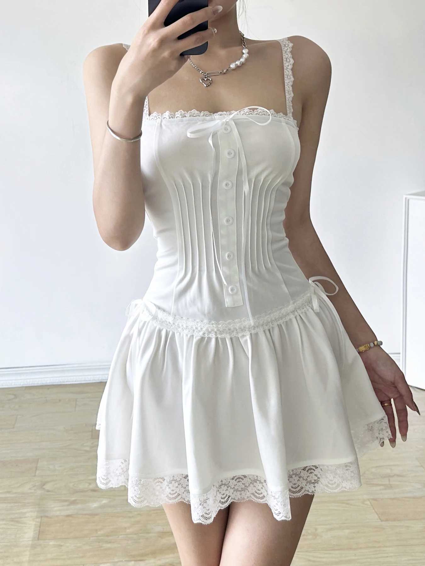 1Masure Vintage Lace Trim Bandage A-Line Dress Sexy Slim Slash Neck Sleeveless Mini Dresses for Women 2024 Summer Fashion Ladies R250716