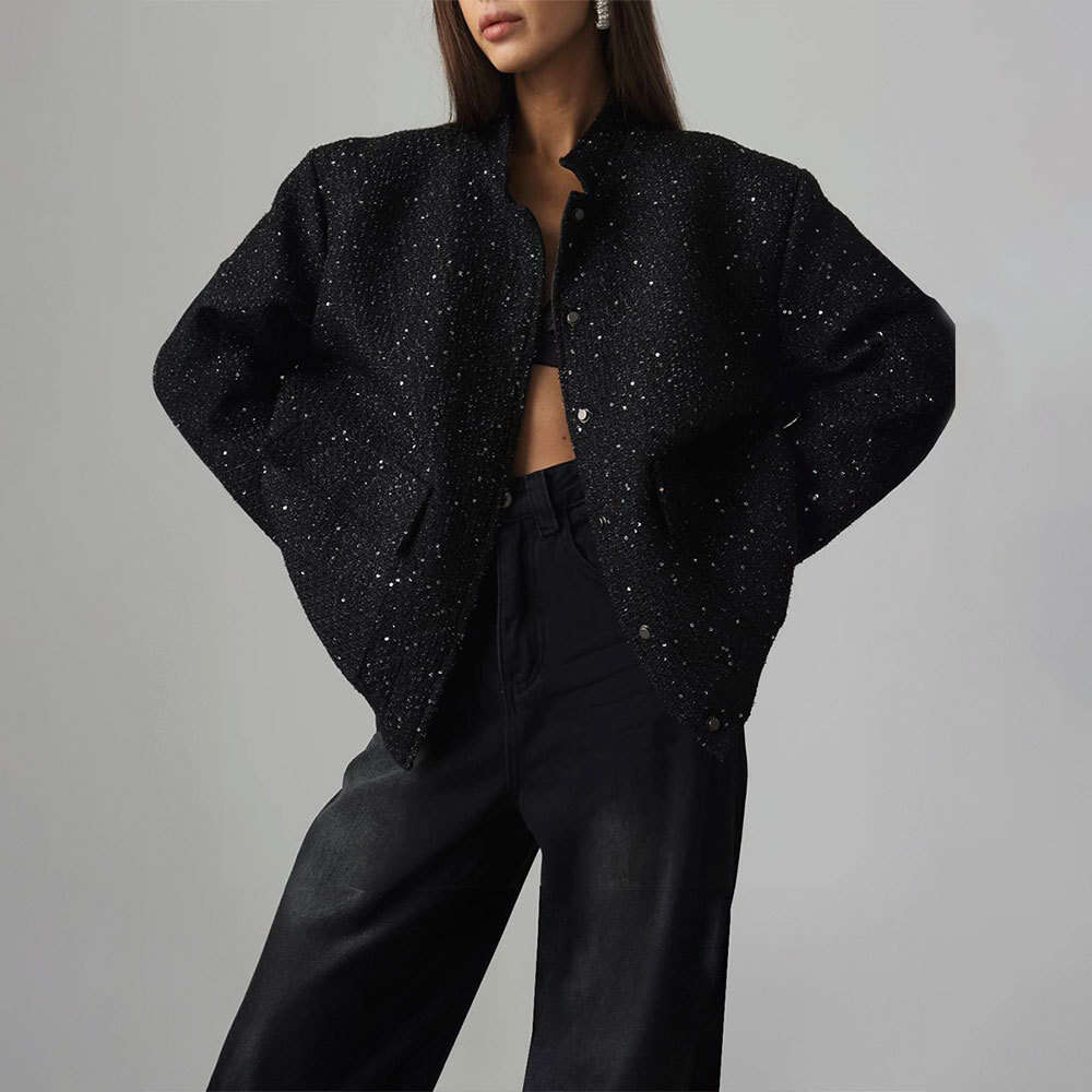 New INS Fashion Sequin Stand Collar Loose Jacket Coat B5