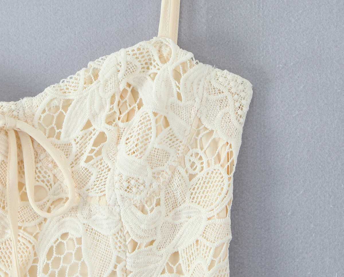 2025 Sexy Black Embroidery Hollow Out Lace Bow V Neck Sling Mini Dress Women Low Waist Pleated Swing Dresses Party Beige Robe R250716