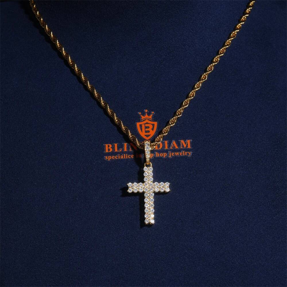 Double Row Moissanite Cross Pendant 925 Silver Hip Hop Jewelry Suitable for 4mm Tennis Chain