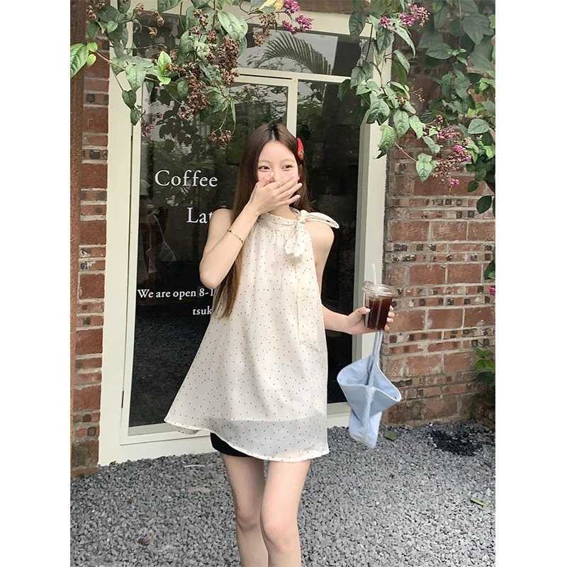 MEXZT Sweet Dot Shirts Women Elegant Bow Bandage Blouses Vintage Halter Print Tops Summer Korean Sleeveless Casual Clothes New R250716