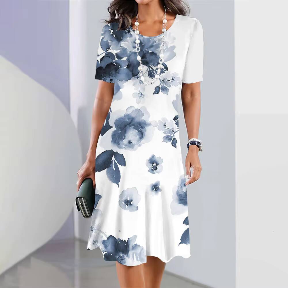 2024 Womens Floral Print Summer Elegant Midi Dresses Female Short Sleeve Dress Fashion Oversized Clothes dongdumaoyi