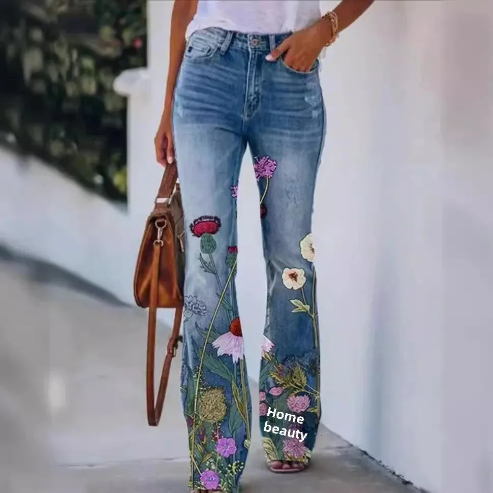 Casual Plus Size Womens Bell Bottom Pants Art Floral Pattern Independent Station On 250716