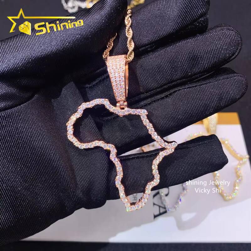 Hot Selling New Design Hip Hop Jewelry S925 Silver Gold Plated VVS Moissanite Diamond Map Pendant for Necklace
