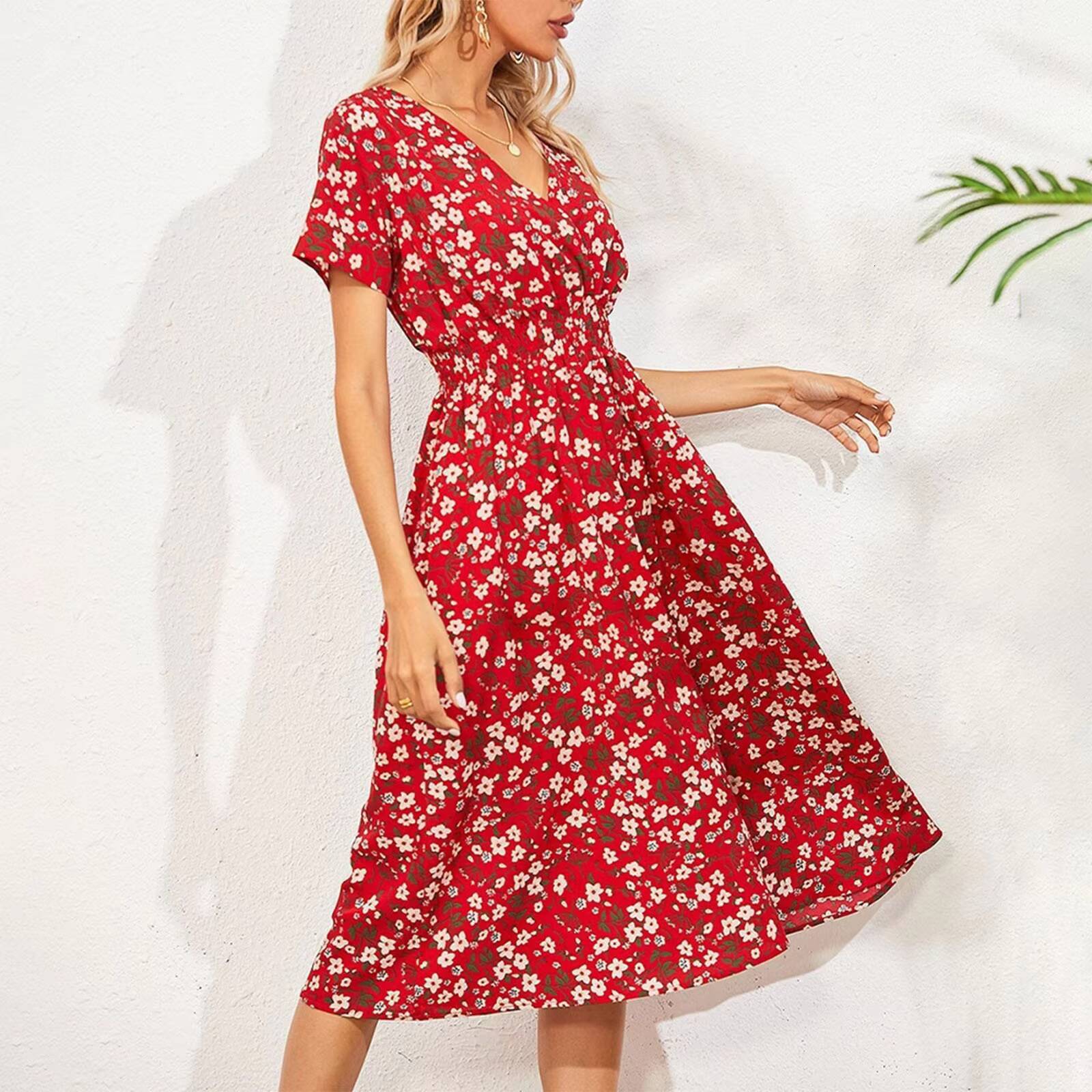 High Quality Luxury Design 2024 Elegant Cinching V-neck Printed Elastic Waist Maxi Sexy Dress Women Clothing Vestido dongdumaoyi