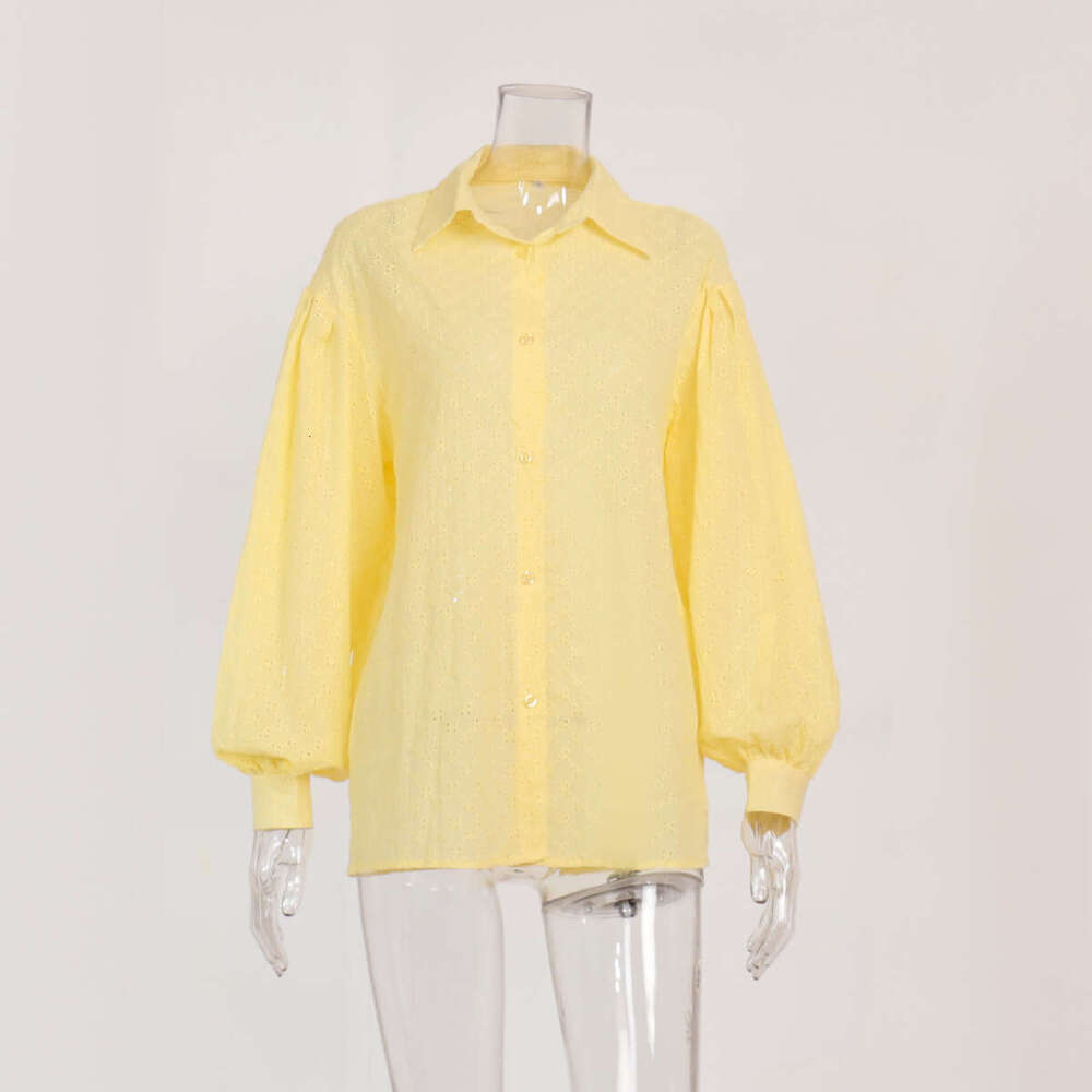 Lantern Sleeve Jacquard Shirt Spring Elegant Versatile Polo Collar Small Hollow Design Blouse B5