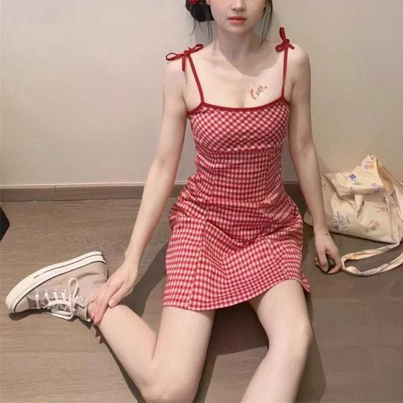 Summer Girls Sweet Red Plaid Slip Dress Lady Korean Designer Bowknots Slim Fit Skirts Female Beach Vacation A-line Short Dress R250716