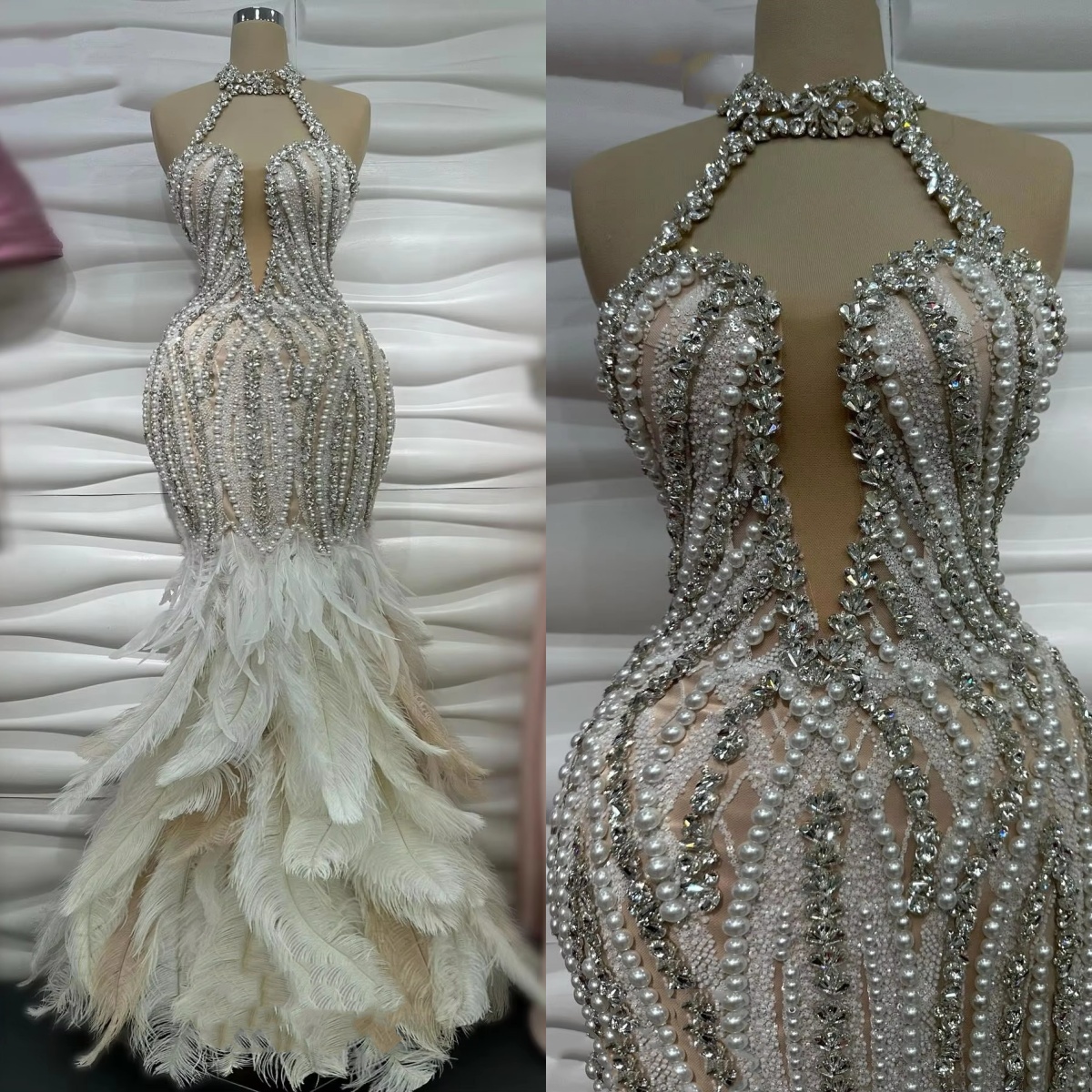 Gorgeous Mermaid Women Evening Dresses Halter Sleeveless Gown Crystal Pearls Feather Sweep Train Dress For Party Custom Made