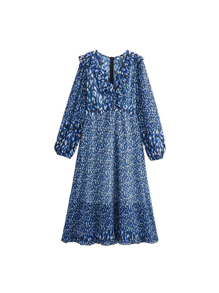 2024 Autumn New Womens Clothing European and American Style French Design Fashion Print V-Neck Long Sleeve Waist Dress dongdumaoyi