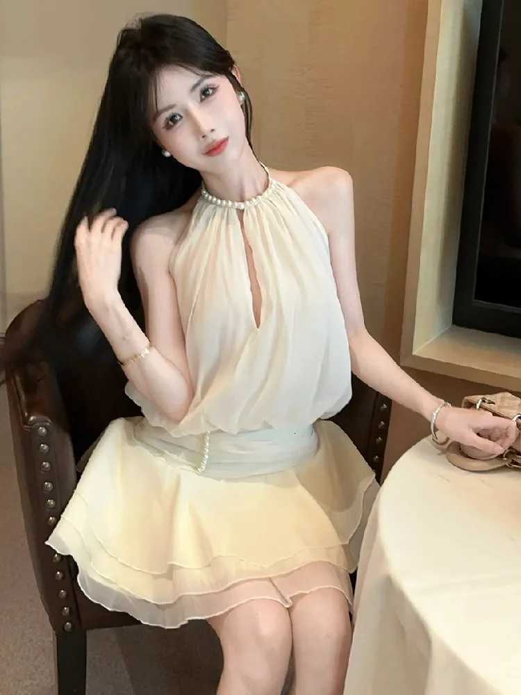 Ezgaga Mini Dresses Women Pearl Halter Sleeveless Bandage Slim Backless Hollow Out Sweet Elegant Party Dress Female Casual R250716