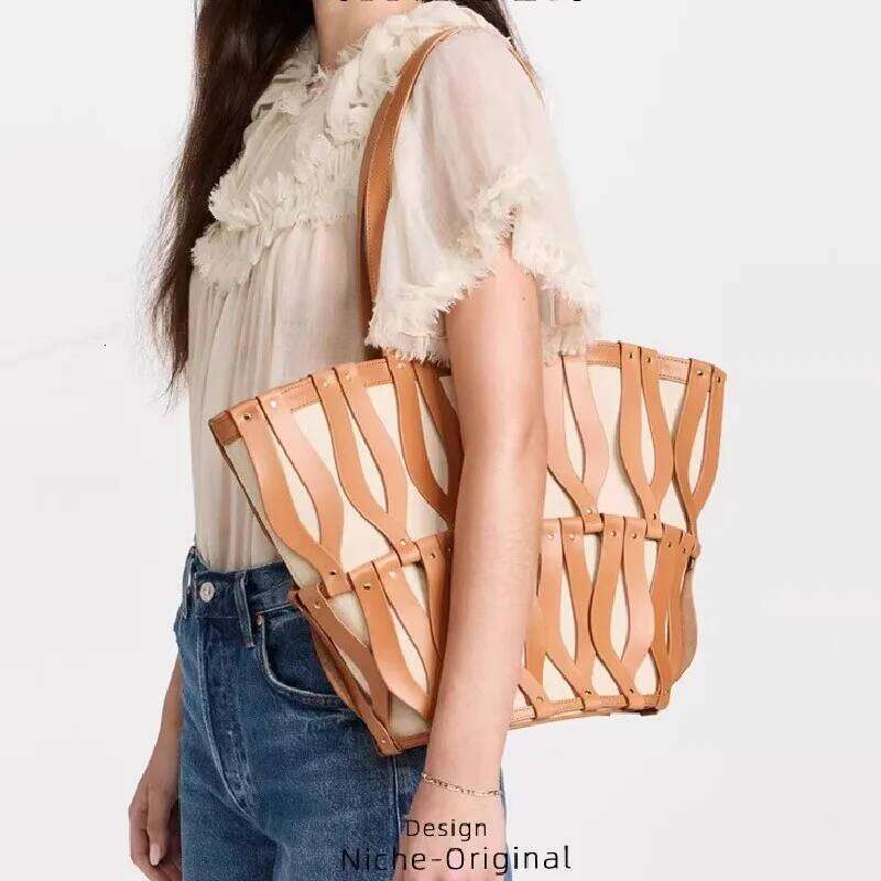 Fashionable Autumn and Winter Woven Hollow Shoulder Crossbody Bag Retro Versatile Travel Contrast Color Large Capacity Canvas