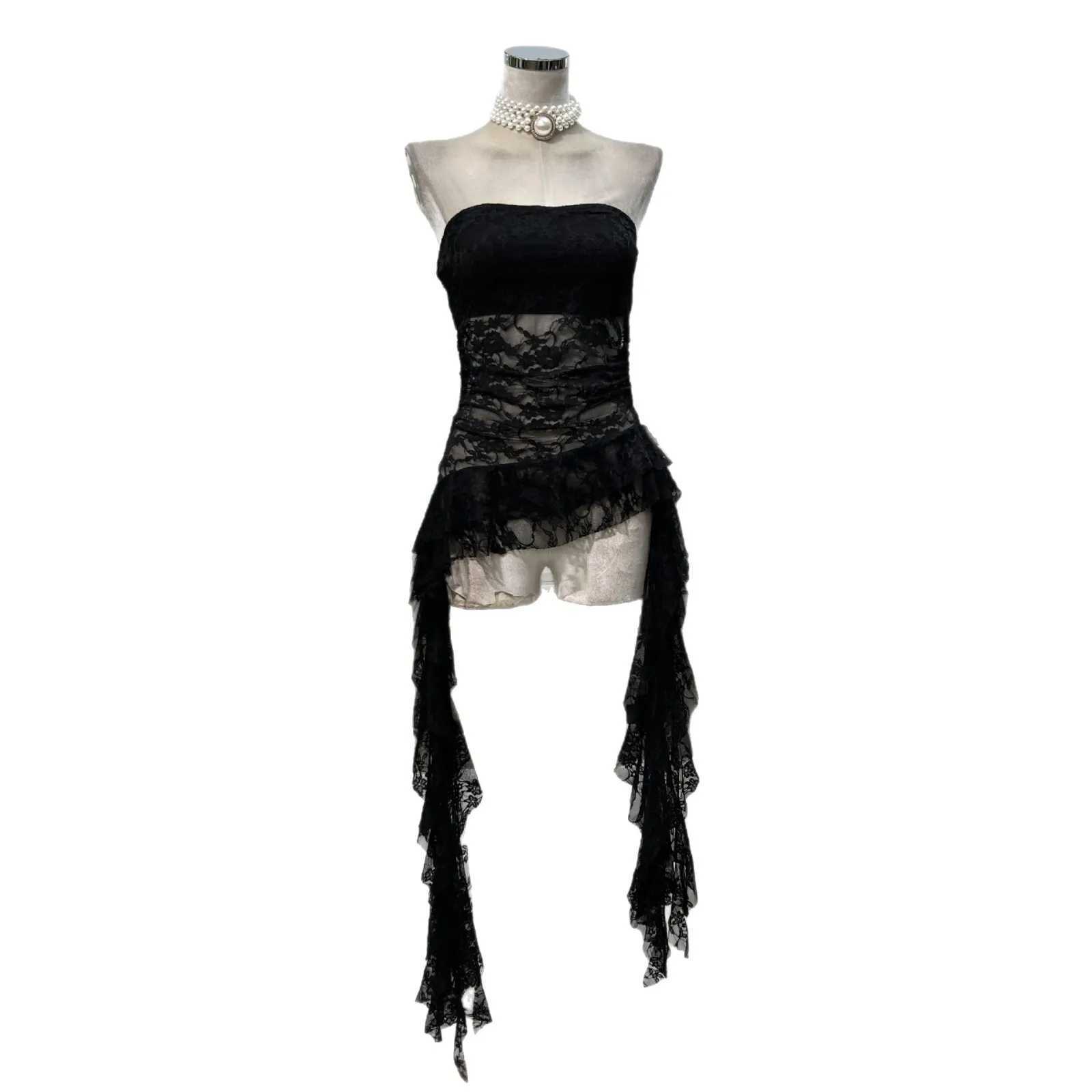 American Style Chic Pleated Lace Kelp Streamer Tube Top Elastic Slim Top + Lace Cake Skirt Women R250716